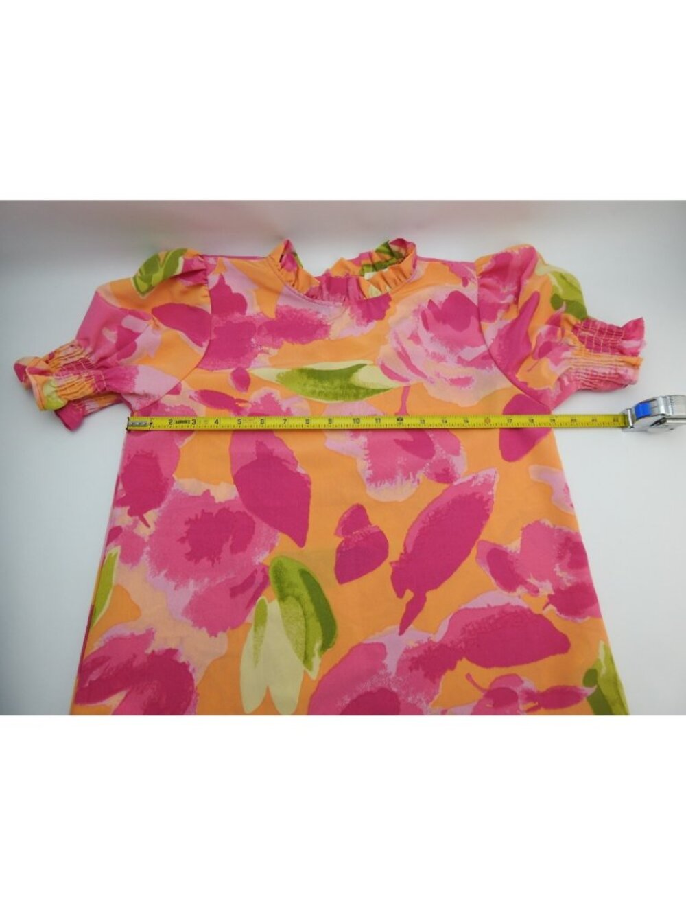 Les Amis Floral Blouse Medium Orange Pink Puff Sleeve Smocked Ruffle Top - Picture 7 of 10